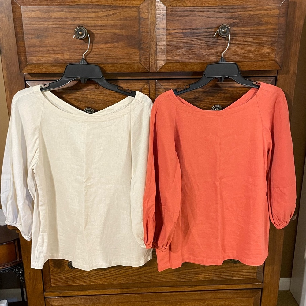 LOFT Coral and Cream Boatneck 3/4 Sleeve Blouse Duo